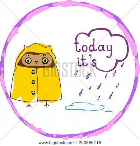 hand sketched little cartoon owl in yellow raincoat