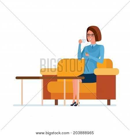Teaching and education. Teacher character person, while in teacher's office at lunchtime, drinks tea with sweets, sitting on couch. Teaching on lesson in classroom. Illustration in cartoon style.