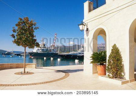 View of embankment of Tivat city on a sunny autumn day.  Montenegro