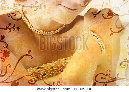 Grunge illustration av vackra brud med rika pärla halsband, armband och stor detaljrikedom på klänning