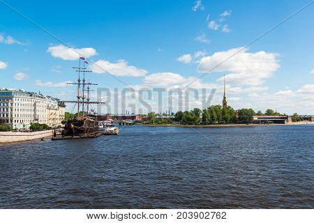 St. Petersburg, Russia - June 03. 2017 A restaurant in a sailboat Flying Dutchman about Mytninskaya Embankment
