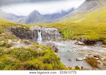 Fairy Pools panoramic view of the waterfalls Skye islalnd Scotland