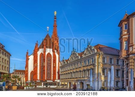 View of Square Oberer markt with Marienkapelle and house of falcon Wurzburg Germany
