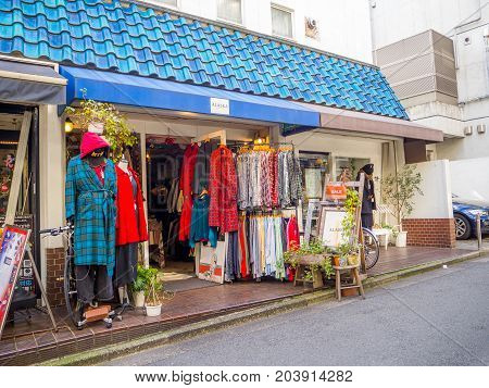 Kawagoe, Japan - May 14, 2017: Close up of shops and stores, which used to be the old warehouse, in Kawagoe, Japan.