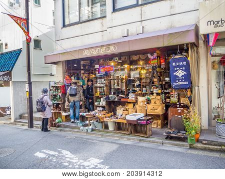 Kawagoe, Japan - May 14, 2017: Close up of shops and stores, which used to be the old warehouse, in Kawagoe, Japan.