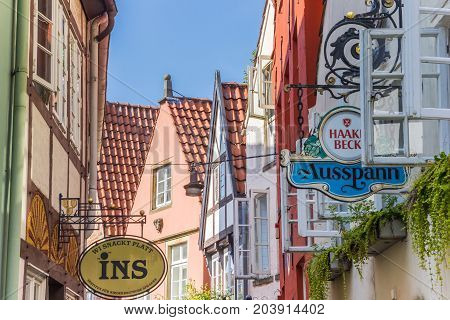 BREMEN, GERMANY - AUGUST 23, 2017: Colorful houses in the historic Schnoor district of Bremen, Germany