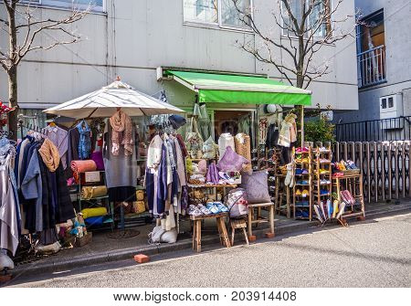Kawagoe, Japan - May 14, 2017: Close up of shops and stores, which used to be the old warehouse, in Kawagoe, Japan.