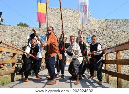 DROBETA TURNU SEVERIN ROMANIA - 09.02.2017: Medieval Festival medieval pikemen warrior reenactor