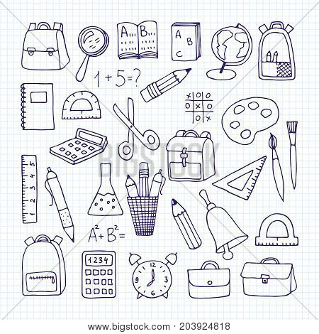 Freehand drawing school items on a sheet of exercise book. Back to School. Vector illustration. Set