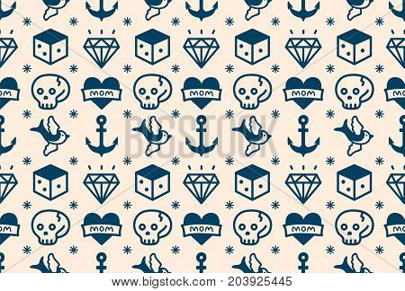 Old school tattoo hipster style seamless pattern. vector illustration icon design. white, blue. anchor, heart, love. skull,swallow,dice,diamond.