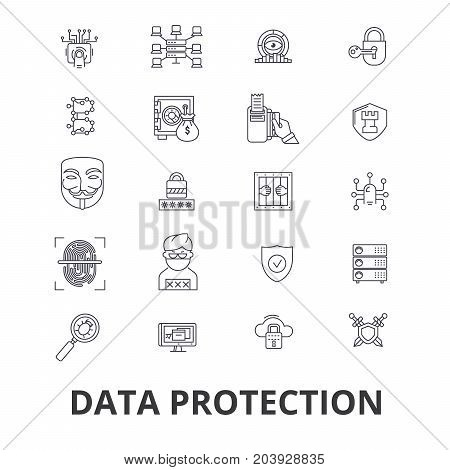Data protection, online security, hacker, safety, access, privacy, guard line icons. Editable strokes. Flat design vector illustration symbol concept. Linear signs isolated on background