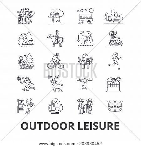 Outdoor leisure, vacaton, activity, hobby, lifestyle, travel line icons. Editable strokes. Flat design vector illustration symbol concept. Linear signs isolated on background