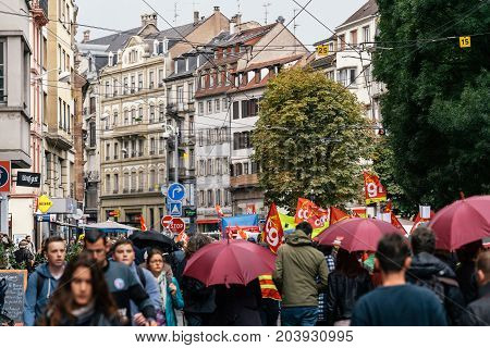 Large Crowd French Street Political March During A French Nationwide Day Against Macrow Labor Law