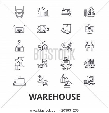Warehouse building, logistics, delivery, storage, forklift, industry, store line icons. Editable strokes. Flat design vector illustration symbol concept. Linear signs isolated on background