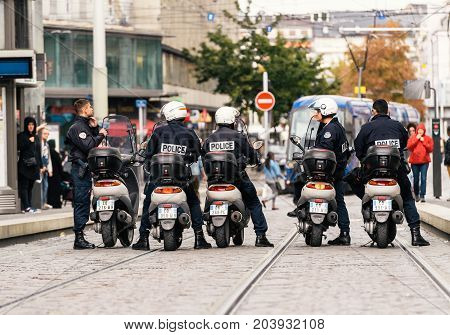 STRASBOURG FRANCE - SEPT 12 2017: Police on motorcycles preparing for political march during a French Nationwide day of protest against the labor reform proposed by Emmanuel Macron Government