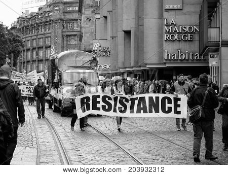 Resistance Banner At French Protest Political March During A French Nationwide Day Against Macrow La