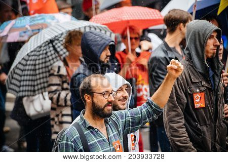 Raisen Hand By Male Protester At Anti-macro Protest