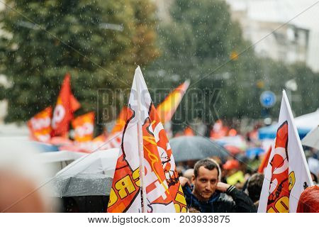 Rainy Day Over Political March During A French Nationwide Day Against Macrow Labor Law