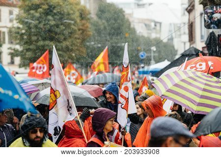 Rainy Day Over Political March During A French Nationwide Day Against Macrow Labor Law