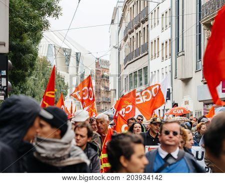 Full Streets With Protestors Political March During A French Nationwide Day Against Macrow Labor Law