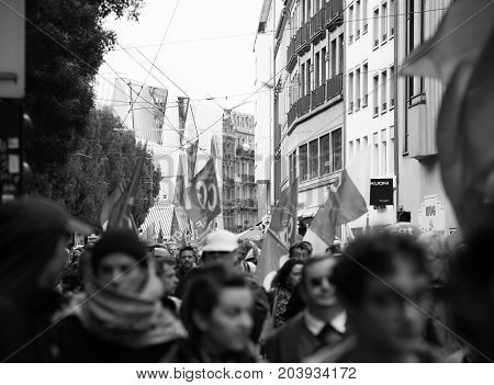 Full Streets With Protestors Political March During A French Nationwide Day Against Macrow Labor Law