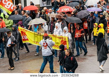 Aerial View Of Political March During A French Nationwide Day Against Macrow Labor Law