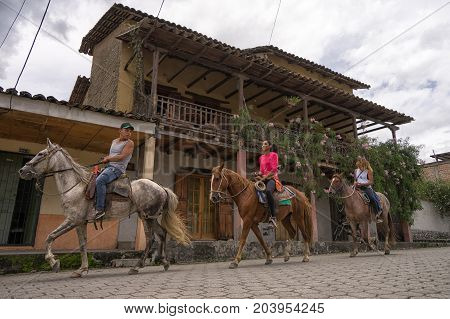 March 12 2017 Vilcabamba Ecuador: sightseeing on horseback is a popular activity in the tourist destination town