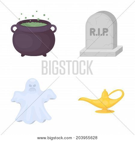 A witch's cauldron, a tombstone, a ghost, a gin lamp.Black and white magic set collection icons in cartoon style vector symbol stock illustration .