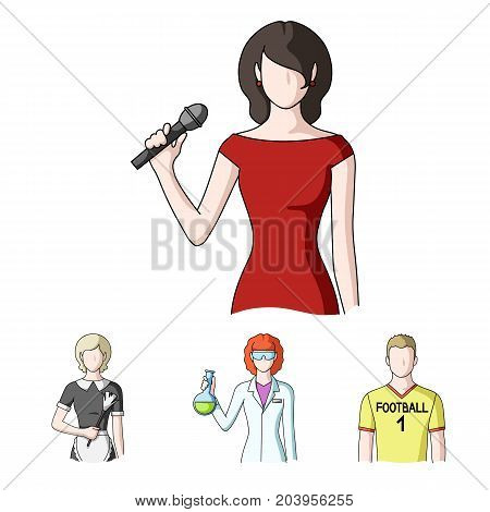 Woman chemist, football player, hotel maid, singer, presenter.Profession set collection icons in cartoon style vector symbol stock illustration .