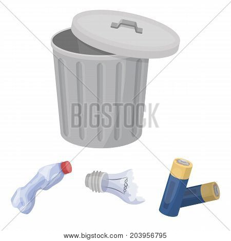 Broken light bulb, used batteries, breaking a plastic bottle, garbage can with a sign.Garbage and trash set collection icons in cartoon style vector symbol stock illustration .