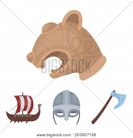Viking helmet, battle ax, rook on oars with shields, dragon, treasure. Vikings set collection icons in cartoon style vector symbol stock illustration .