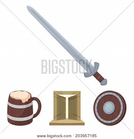 A gate to the treasure, a shield for protection, a mug with a bra, a sword. Vikings set collection icons in cartoon style vector symbol stock illustration .
