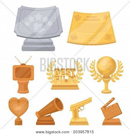 A set of awards for the movie viewings. Gold, silver and bronze awards to the Director, the actor. Moovie awards icon in set collection on cartoon style vector symbol stock web illustration.