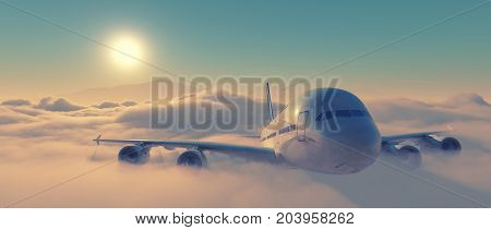 Aircraft flying high through the storm clouds. Airplane front view. This is a 3d render illustration