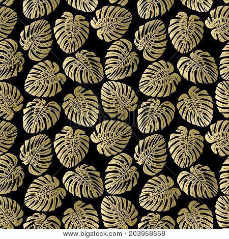 Exotic gold pattern with monstera leaves. Seamless tropical background. Vector illustration.