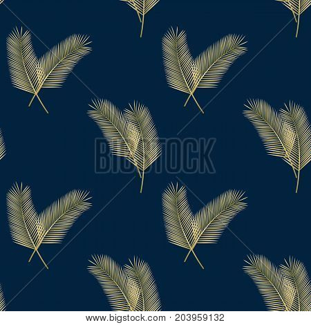 Beautiful gold palm leaves on a blue background. Tropical plants seamless pattern for your design. Vector illustration.