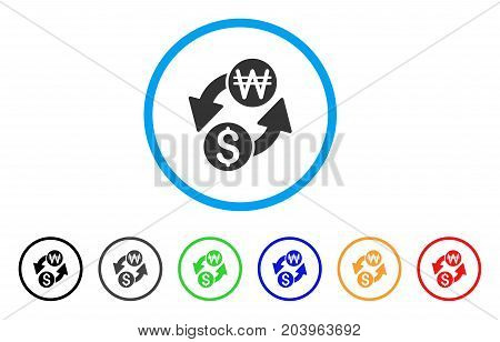 Dollar Korean Won Exchange icon. Vector illustration style is a flat iconic dollar korean won exchange gray rounded symbol inside light blue circle with black, gray, green, blue, red,