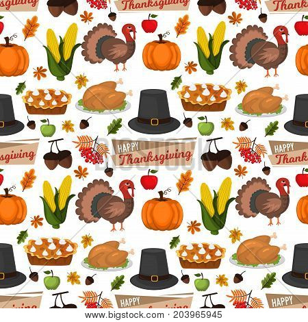 Happy Thanksgiving Celebration Design cartoon autumn greeting harvest season holiday seamless pattern background vector illustration. Traditional food dinner seasonal thanks giving poster.