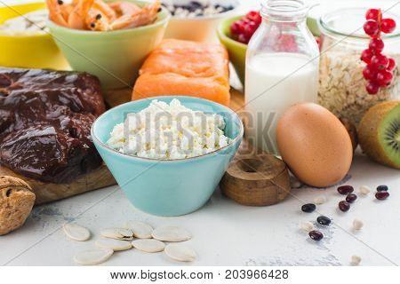Assortment of healthy food. Natural sources of phosphorus - P. Products good for diet. Space for text