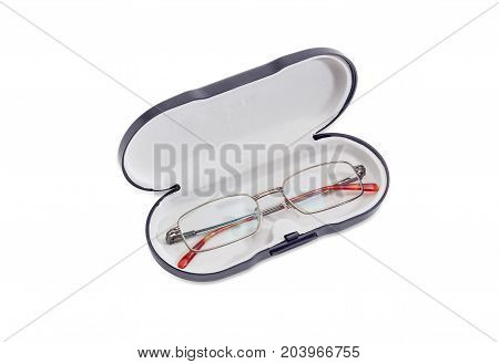 Modern pair of the classic men's eyeglasses in metal frame in hard spectacle-case on a white background