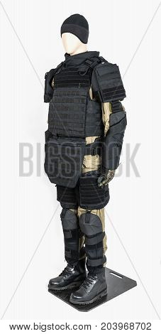BA mannequin dressed in military clothing and an unarmed vest. ulletproof vest body armor covers Camouflage