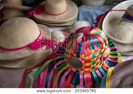 April 21 2017 Iluman Ecuador: closeup of traditional kichwa felt hats in a small artisan shop