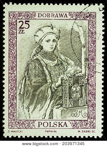 Moscow Russia - September 12 2017: A stamp printed in Poland shows Doubravka of Bohemia Duchess of the Polans series 