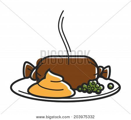 Hot pate in oblong transparent pack, squash caviar and green peas on simple plate isolated cartoon flat vector illustration on white background. Homemade tasty healthy freshly cooked food with steam.