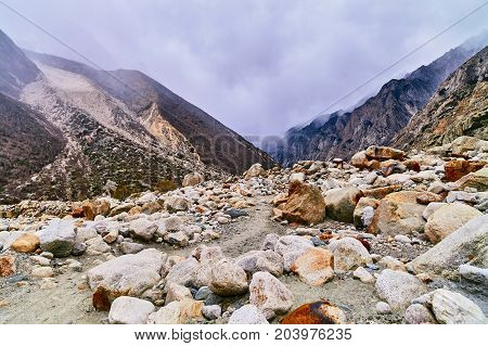 Cloudy sky in Himalaya mountains. Gaumukh glacier Gangotri Uttarakhand India.