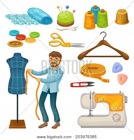 Colorful tailor tools set with master silk hanger sewing machine scissors button spools thimble meter needles mannequin isolated vector illustration