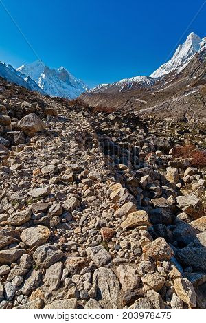 Valley and Mountains View in Himalaya. Gaumukh glacier Gangotri Uttarakhand India.