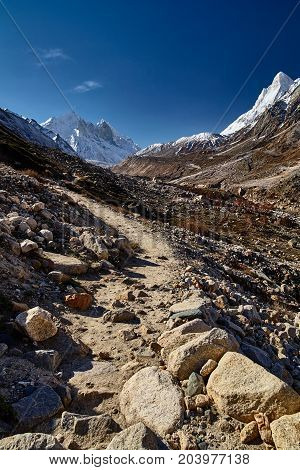 Country road in the mountains. Himalayas. Gangotri Gaumukh India.
