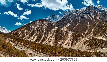 Himalayas mountain landscape. Panoramic view of Himalaya peaks. Gangotri glacier Gaumukh India.