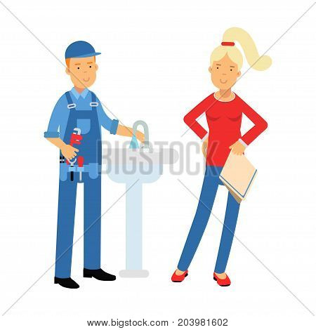 Young woman standing with proffesional plumber character repairing faucet tap, plumbing service vector Illustration on a white background